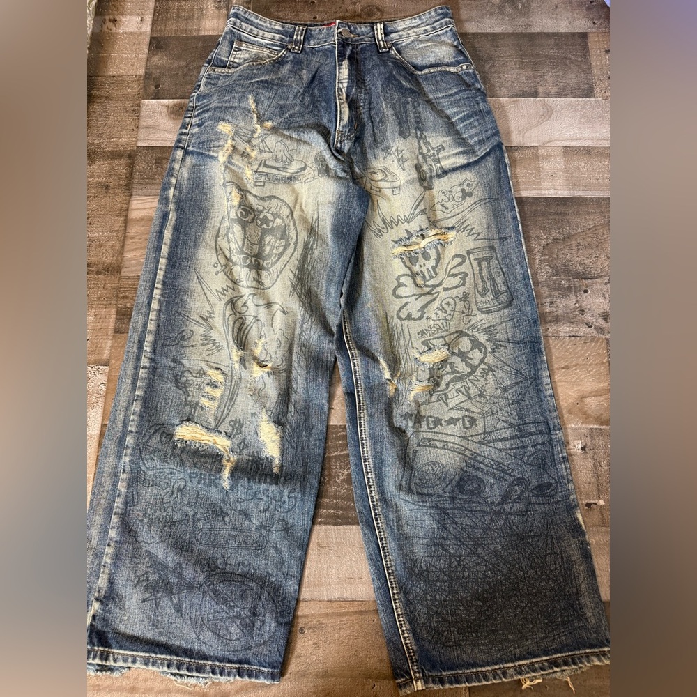 Jaded London Graffiti‎ Distressed Wide Leg Jeans Size 30 | Y2K Skater Streetwear